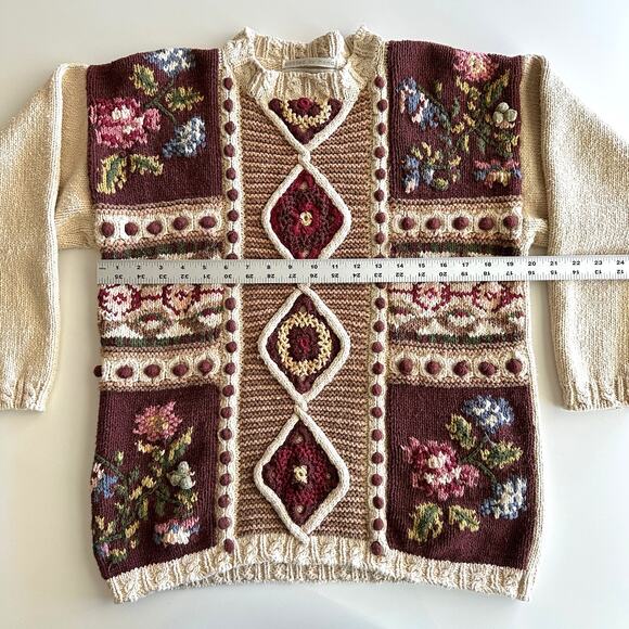 Jennifer & Company VTG 90s Hand Knit Cotton Blend Cottage Cabbage Rose Sweater L - Picture 5 of 10